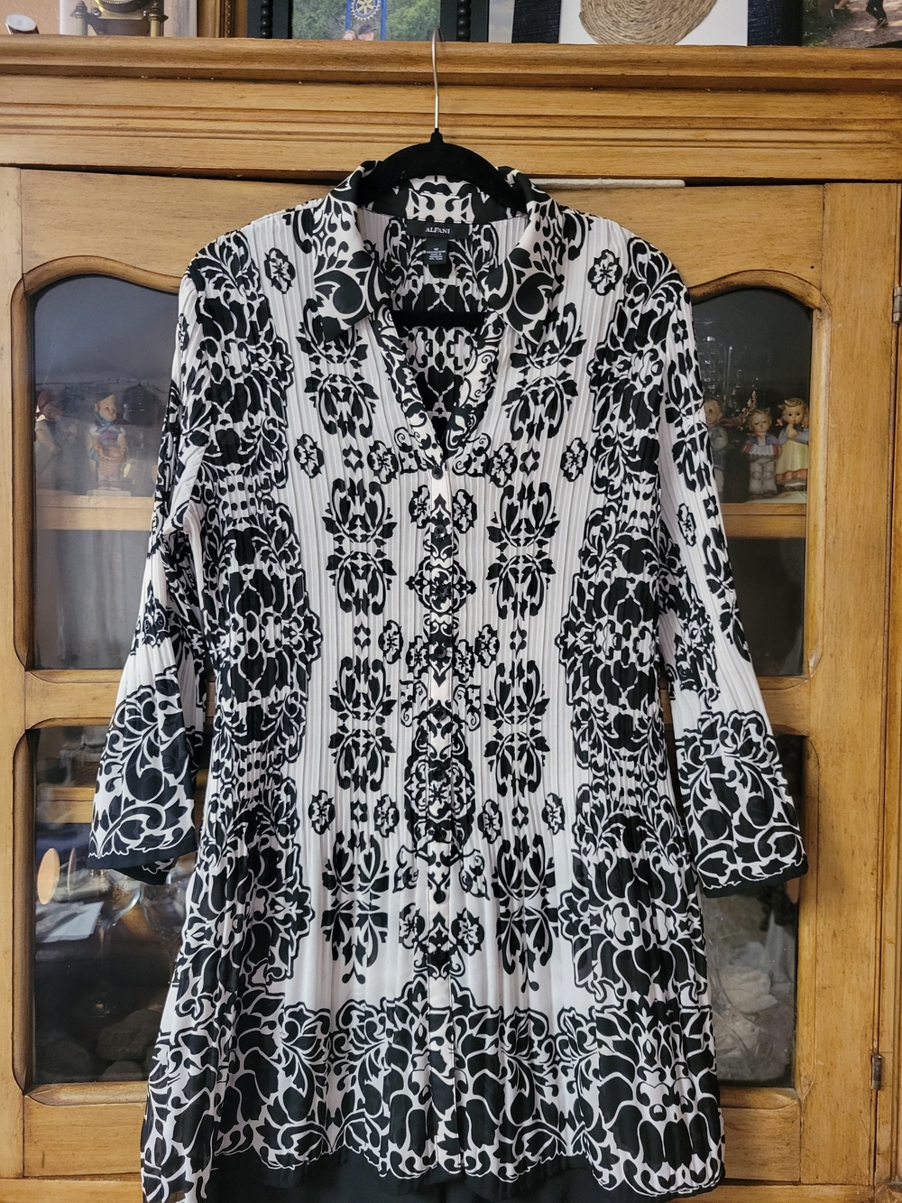 Alfani Black & White Pleated Damask Print Tunic Top | Women's Size 16